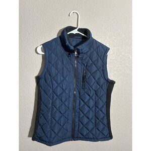 Andrew Marc Vest Womens Quilted Blue Vest Black Side Panels & Zip Pockets size S